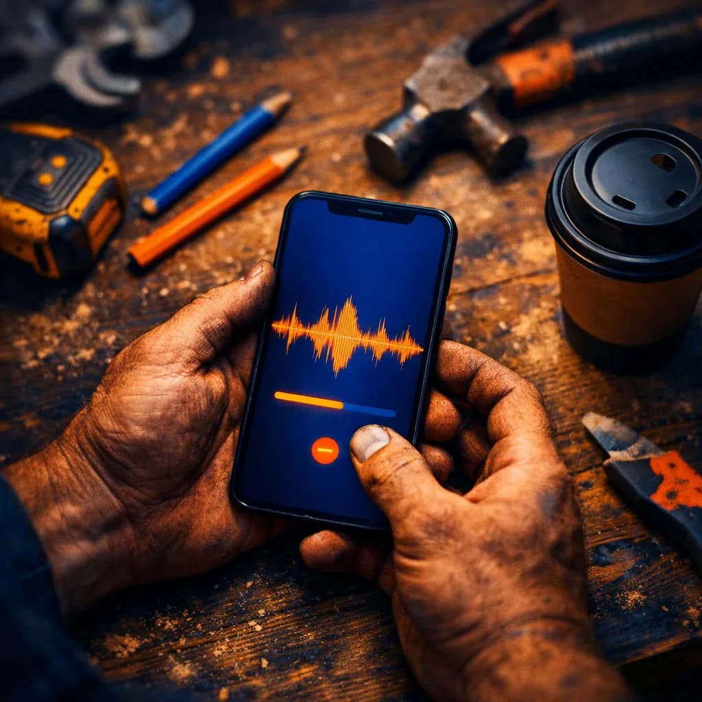 ToolsMate voice capture interface showing live transcription on a phone