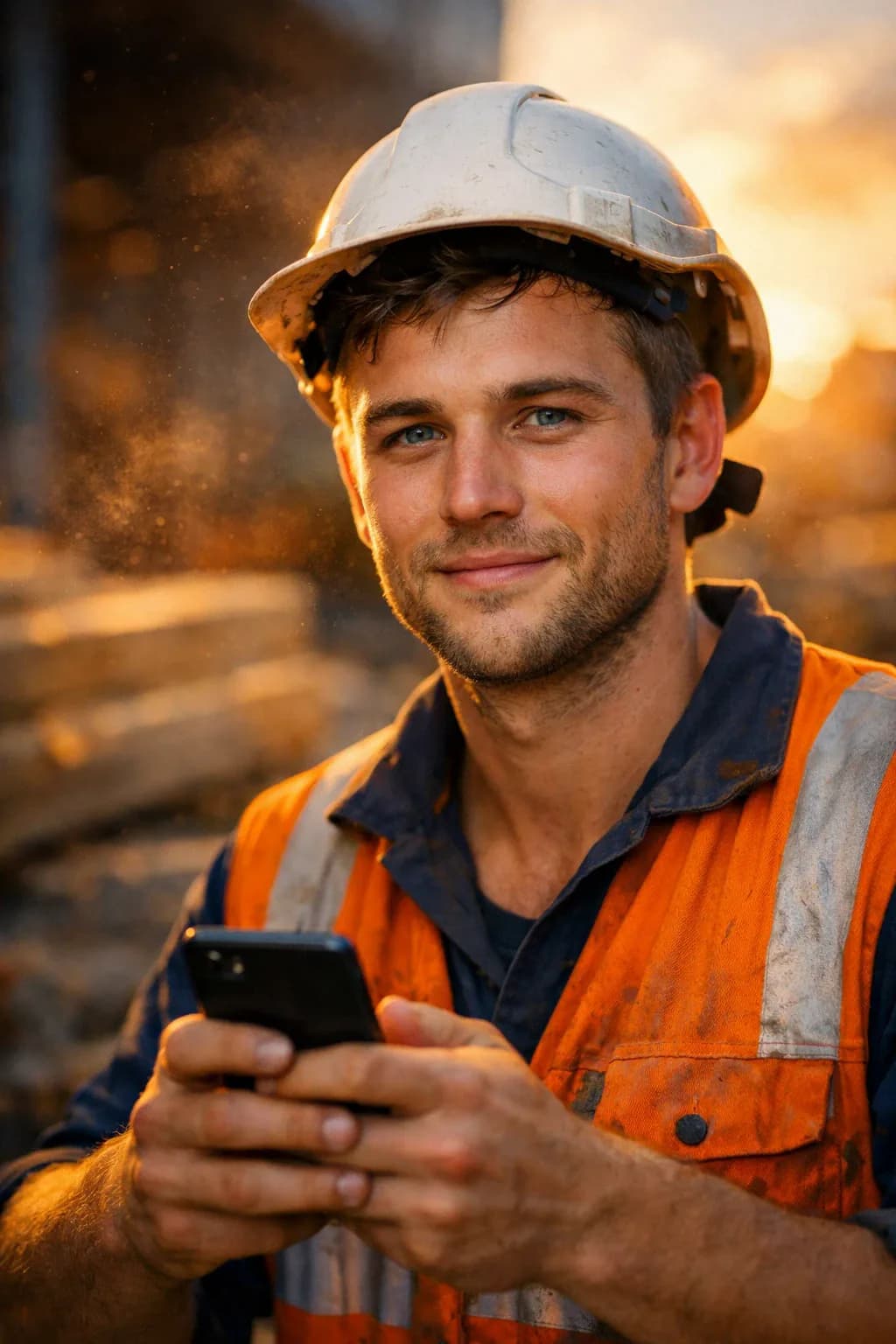 Australian tradie on a construction site using ToolsMate voice AI on his phone
